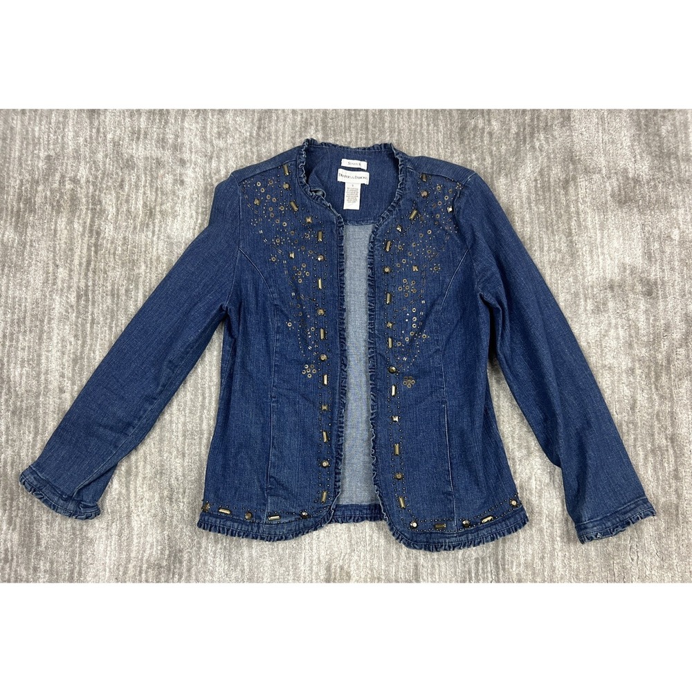 Draper's & Damon's Denim Jacket Women S Blue Studded Ruffle Trim‎ Open Front